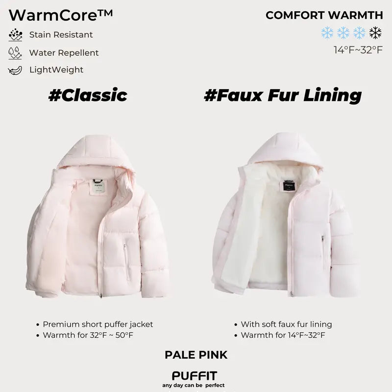 WarmCore™ Short Faux Fur Lined Detachable Hooded Puffer Jacket