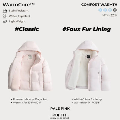WarmCore™ Short Faux Fur Lined Detachable Hooded Puffer Jacket