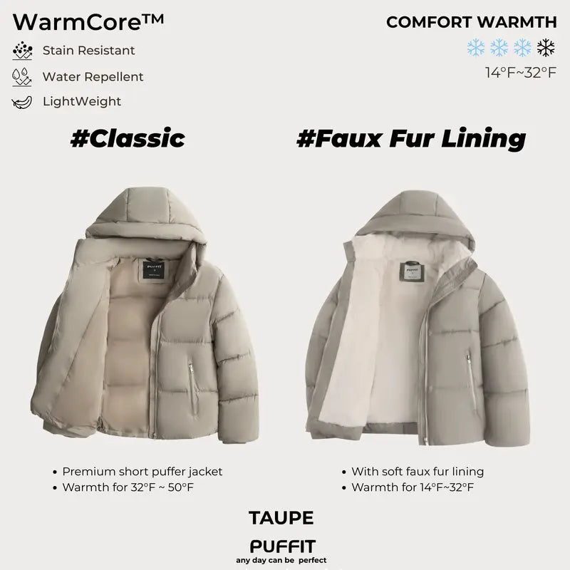 WarmCore™ Short Faux Fur Lined Detachable Hooded Puffer Jacket