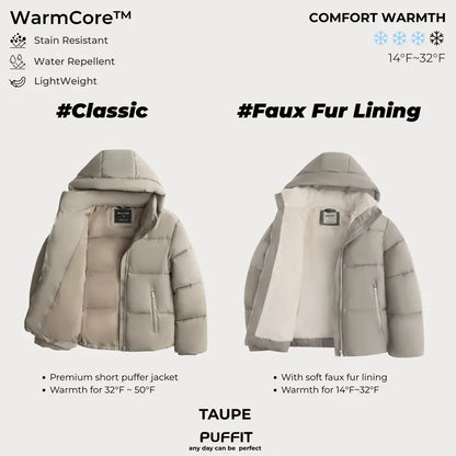 WarmCore™ Short Faux Fur Lined Detachable Hooded Puffer Jacket