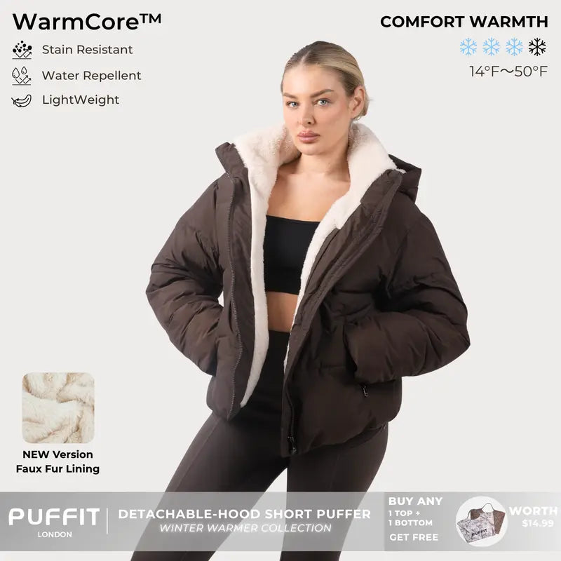 WarmCore™ Short Faux Fur Lined Detachable Hooded Puffer Jacket