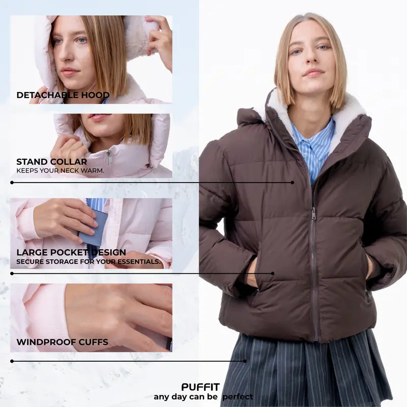 WarmCore™ Short Faux Fur Lined Detachable Hooded Puffer Jacket