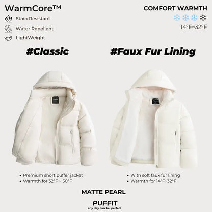 WarmCore™ Short Faux Fur Lined Detachable Hooded Puffer Jacket