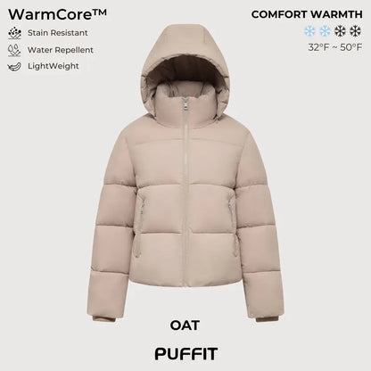 WarmCore™ Short Faux Fur Lined Detachable Hooded Puffer Jacket
