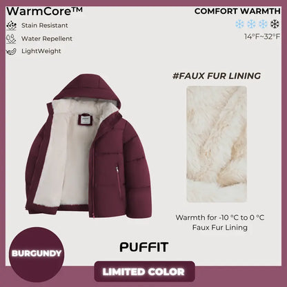 WarmCore™ Short Faux Fur Lined Detachable Hooded Puffer Jacket
