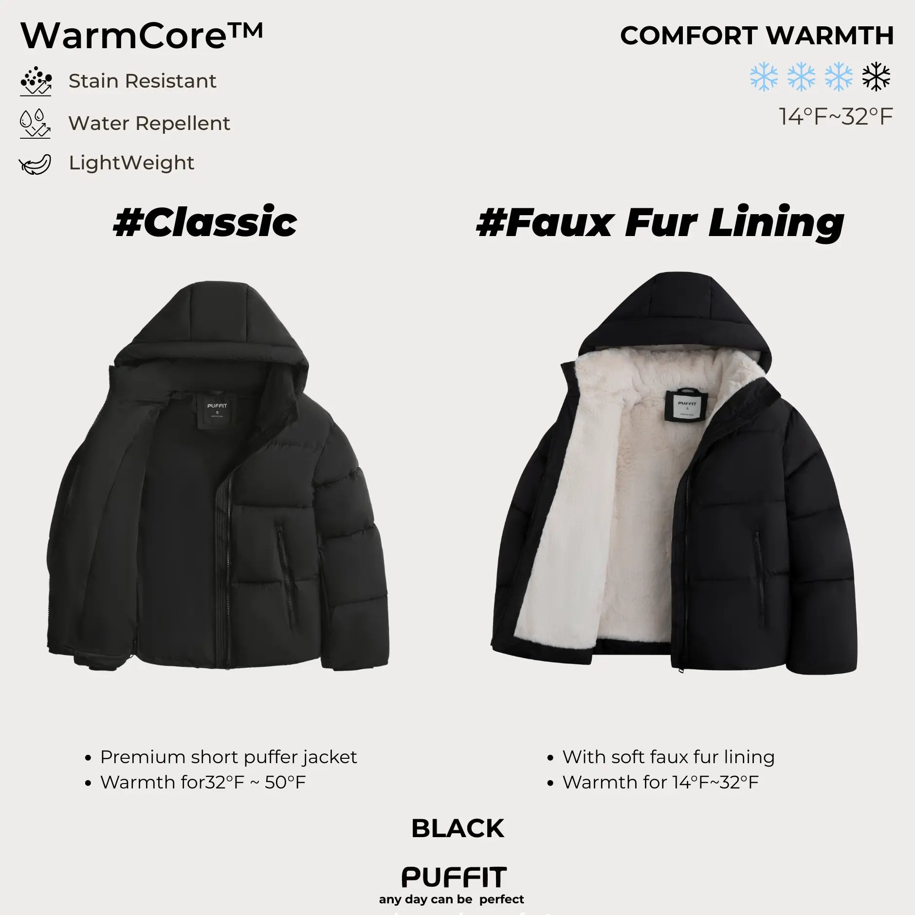 WarmCore™ Short Faux Fur Lined Detachable Hooded Puffer Jacket