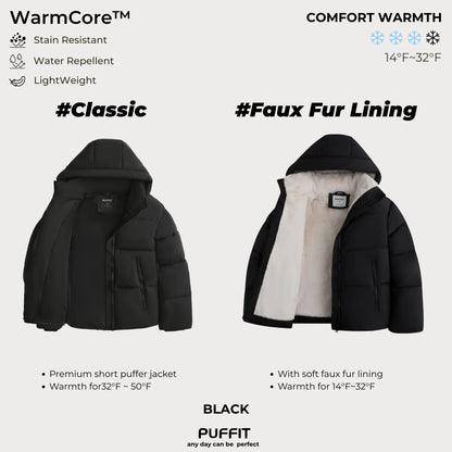 WarmCore™ Short Faux Fur Lined Detachable Hooded Puffer Jacket