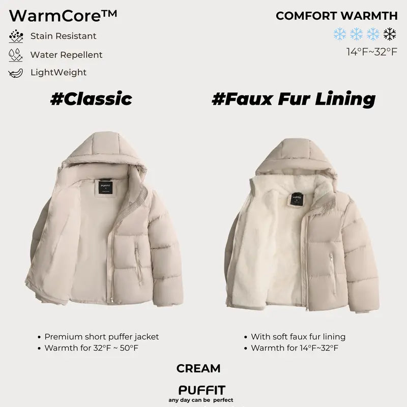 WarmCore™ Short Faux Fur Lined Detachable Hooded Puffer Jacket
