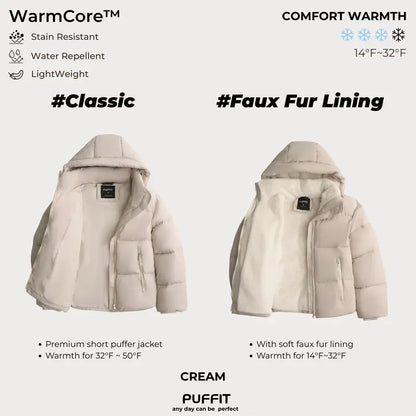 WarmCore™ Short Faux Fur Lined Detachable Hooded Puffer Jacket