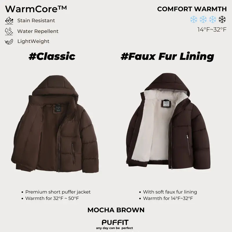 WarmCore™ Short Faux Fur Lined Detachable Hooded Puffer Jacket